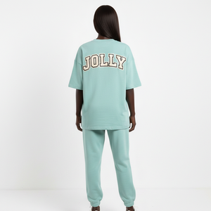 Conjunto de Pantalón y Camiseta de Felpa de Algodón Premium de 260 GSM en Verde Menta para Mujer con Apliques Bordados y Logotipo Personalizado - Product Image 2