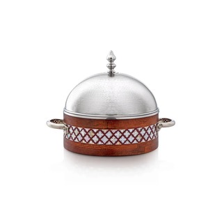 Stainless Steel Casserole Pot With Wooden Base Round Traditional Chinese Design Durable Metal Exterior Polished Finish Lid - Product Image 2