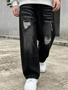 Jeans Negros para Hombre, Corte Recto, Cintura Media, Ajuste Regular, Mezclilla de Algodón, Estilo Desgastado, Ecológicos, Estilo Urbano, Otoño-Invierno - Product Image 1