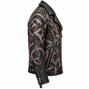 Custom Men Real Leather Biker Jacket Heavy Metal Punk Spiked <b>Studded</b> Gothic Skeleton Graphic Grim Reaper Painted Outerwear Coat - Product Image 3