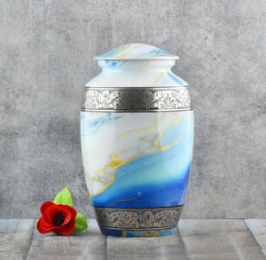 Wholesale Luxury Blue Sky Metal Cremation Urn Bulk Memorial Jar with Hot Air <b>Balloon</b> Cloud Design and Polished Enamel Finish - Product Image 6