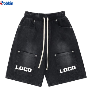 Shorts en jean pour homme, style streetwear hip-hop, été, personnalisés, 6 poches, délavés à l'acide, taille mi-haute, boutonnés, coupe ample et baggy - Product Image 1