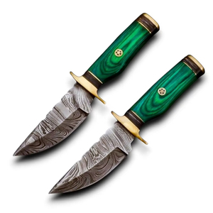 Wholesale Damascus Steel Fixed Blade Camping Knife Exotic Green Pakka Wood Handle Brass Guard Drop Point 15.25 cm Overall Knife - Product Image 1