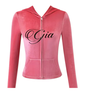Ensemble de survêtement deux pièces en velours rose pour femme, manches longues, capuche, fermeture éclair, pantalon long, coupe ample, toutes saisons, tenue de club sexy - Product Image 4