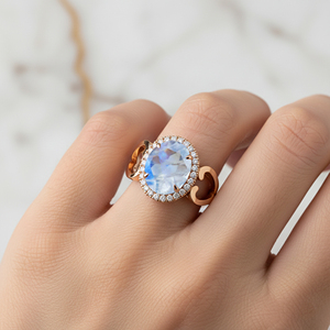 El anillo de halo de piedra lunar arcoíris más vendido en oro sólido de 18 quilates con diamantes blancos auténticos, joyería fina de solitario elegante para mujer - Product Image 2