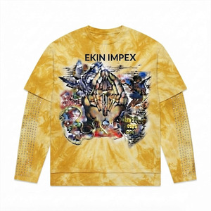 Camiseta Personalizada para Hombre, Oversize, Amarilla, Lavado Ácido, con Gráficos, 100% Algodón, Cuello en V, 2 en 1, con Pedrería, Manga Larga, Estilo Y2K, Streetwear - Product Image 1