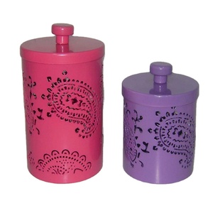 <b>Decorative</b> Pink Purple Paisley Laser Cut Cylindrical Metal Canister Set 2 Powder Coated Stainless Steel Food Grade Storage - Product Image 1