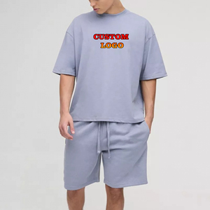 Customized Two Piece Short Set Men's 2 Piece Outfits Short Sleeve Crew Neck Summer <b>T</b> Shirt and Drawstring Casual <b>Track</b> Shorts - Product Image 1