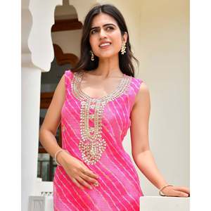 Conjunto de Kurta Leheriya Rosa Talla XS para Niña - Product Image 1