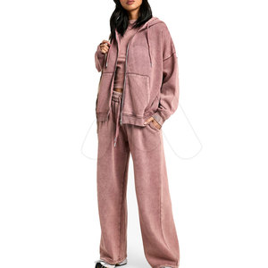 Custom Logo Winter Women Solid Acid Wash Sweating <b>Tracksuit</b> 2 Piece Set Eco-Friendly Quick Dry Breathable Wholesale Comfortable - Product Image 2