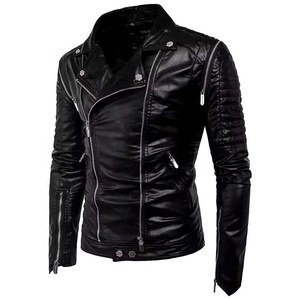 Men's Genuine Leather Breathable Eco-Friendly Plain Dyed Moto Biker <b>Jacket</b> <b>Slim</b> <b>Fit</b> Zipper Closure V-neck Collar Front Regular - Product Image 1