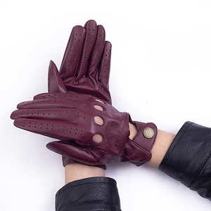 Gants de conduite pour hommes en cuir véritable, sans doigts, respirants, perforés, avec fermeture à bouton, marron, noir, rouge vin - Product Image 4