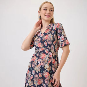 Vestido Midi Formal de Fiesta para Mujer, Hecho a Mano, de Gasa, Cintura Natural, Nuevo Estilo, Estampado Floral, Lavable - Product Image 1