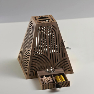 Pyramid Shape Arabic Wooden <b>Bakhoor</b> Burner With Geometric Cutout Design And Storage Drawer, Perfect For <b>Oud</b> And Incense Use - Product Image 1
