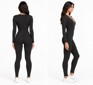 <b>Women's</b> <b>Black</b> Full Length Seamless Strapless <b>Bodysuit</b> Deep V Neck Long Sleeve High Waist Spandex Polyester Four-Way Stretch - Product Image 2