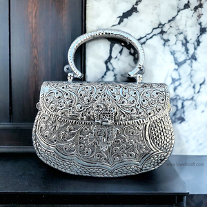 Handmade Metal Floral Flap Evening <b>Bag</b> Half Moon Shape Ring Strap Elegant Party Clutch Decorative Embroidery - Product Image 2
