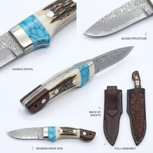 Cuchillo utilitario de hoja fija para exteriores de acero de Damasco forjado a mano personalizado, mango de cuerno de ciervo y turquesa, funda de cuero estampado, OEM DIY - Product Image 4