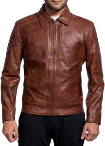 Men's Brown Genuine <b>Leather</b> <b>Jacket</b> Turn-down Collar Zipper Closure Solid Color Casual Autumn Wear Regular Length - Product Image 3