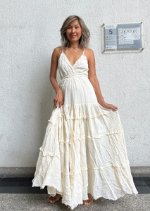 Wholesale Custom Womens <b>Spaghetti</b> <b>Strap</b> Boho Maxi Dress V Neck Tiered Ruffle White Organic Cotton Eco-Friendly Summer Beach Wear - Product Image 3