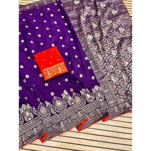 Sari de viscosa con aspecto riqueza y tejido de seda Dola con blusa sin coser, color morado - Product Image 1