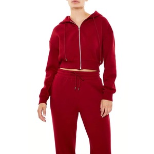 <b>Women's</b> <b>Red</b> Cropped Zip Hoodie <b>Sweatshirt</b> Long Sleeve Solid Knitted Cotton Winter Casual Wear 3D Embroidery Front - Product Image 4