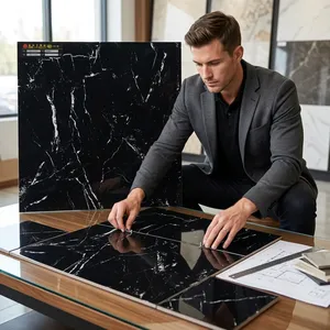 Carrelage en porcelaine noire 600x600 600x1200mm brillant imitation pierre pour murs et sols intérieurs de salle de bain - Product Image 3