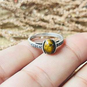 Bague œil de tigre, bague bohème avec pierre ovale pour femme, en laiton plaqué argent, bijoux minimalistes, cadeau, vente en gros - Product Image 4