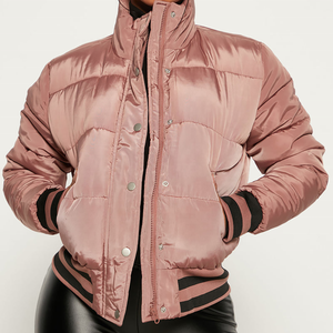Custom Logo Pink Quilted Bomber Jacket Women Winter Short Puffer <b>Coat</b> Stand Collar Full Sleeve <b>Zipper</b> Polyester Wadding Jacket - Product Image 1