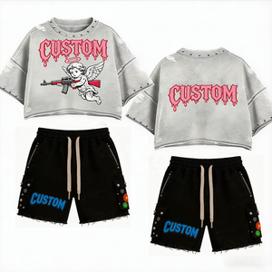 Custom DTG Graphic Printed Oversized T Shirt & Shorts <b>Set</b> Heavyweight 100% Cotton Distressed Rhinestone T-Shirt & Shorts <b>Set</b> - Product Image 6