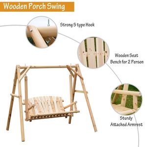 Dondolo da Esterno Rustico da 6,5 Piedi per 2 Persone con Gambe in Legno Massello, Cuscino in Rattan Impermeabile, Dondolo da Giardino Naturale - Product Image 4