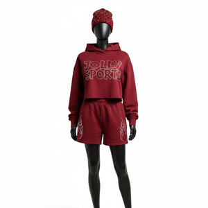 Conjunto de Sudadera con Capucha y Pantalones Cortos para Mujer, de Algodón Cepillado y Forro Polar de Poliéster, Color Granate, con Logotipo de Diamantes de Imitación, Personalizado, 100% Algodón - Product Image 1