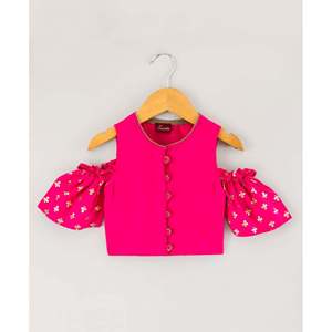 Women's Half-Sleeved <b>Top</b> with Lehenga in Pink & SeaGreen Polyester Girls' Set - Product Image 6