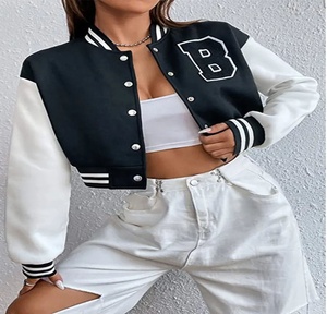 Custom Vintage Letterman Varsity Jacket Women Breathable Stripe Knitted Cotton Filling Printed <b>Fabric</b> Crop Top - Product Image 4