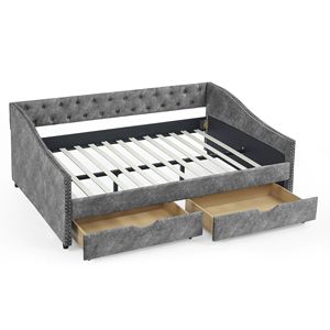 Divano letto grigio trapuntato a grandezza naturale con cassetti e schienale con bottoni, braccioli intrecciati con chiodi color rame, 80,5 pollici - Product Image 4