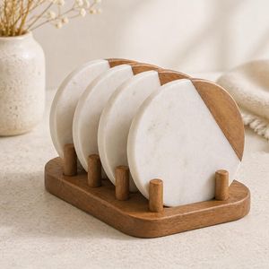 Juego de posavasos redondos de mármol y madera con base de madera, posavasos modernos de piedra para bebidas, diseño duradero, posavasos para té de UO - Product Image 1