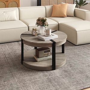 Tavolino rotondo a 2 livelli in legno di gomma da 34,5 pollici con piano spazioso e ripiano portaoggetti per caffè e altro ancora - Product Image 4