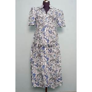 Vestido Midi de Algodón Puro para Mujer, Estampado Floral Hecho a Mano, Estilo Canguro, Lindo, Informal, para Uso Diario o Fiestas, Línea A, Natural y Dulce - Product Image 3