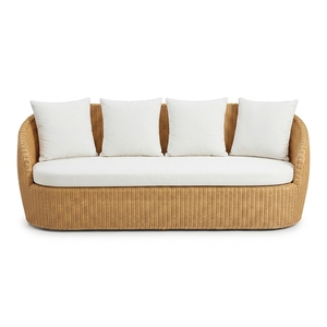 Natural Woven Rattan Outdoor Seater <b>Sofa</b> Curved Off White <b>Bench</b> Mattress Pillows Patio Lounge Couch Setup Decor Pure Art - Product Image 1