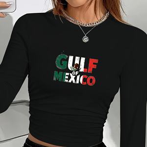 Camiseta de Manga Larga Estilo Y2K para Mujer con Estampado de la Bandera Mexicana y el Golfo de México, Cuello Redondo, Tejido de Punto, Spandex, Poliéster, para Todas las Temporadas - Product Image 4