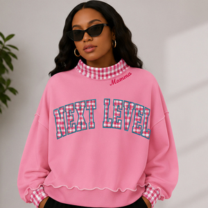 Sudadera OEM personalizada con bordado de patchwork a cuadros, aplique de chenilla con alfabeto griego para hermandades, cuello simulado. - Product Image 3