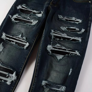 Jeans en denim noir déchiré et délavé, coupe slim, extensible, style hip-hop, pour hommes, vente en gros - Product Image 3
