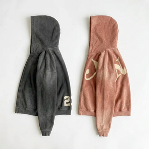 Custom Vintage Wash Full <b>Zip</b> Fleece Hoodie Heavy Weight Cotton Distressed Mens Streetwear Eco-Friendly Retro Style Pocket - Product Image 4