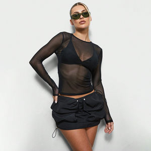 T-shirts en maille respirante à manches longues ultra-fins pour femmes, sexy, respirants, séchage rapide, mode féminine, t-shirt en maille cool - Product Image 4