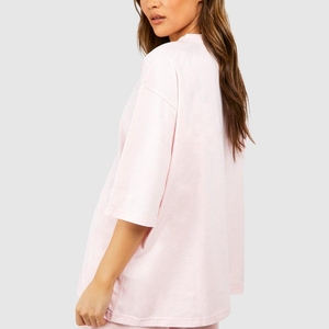 Camiseta Rosa Oversize para Mujer, Manga Corta, Cuello Redondo, Corte Holgado, Color Sólido, Transpirable, con Logotipo, Tejido Jersey, para Todas las Temporadas, Estilo Casual - Product Image 1