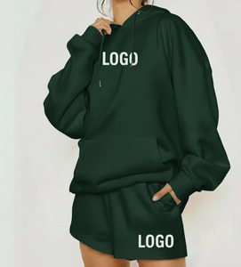 Ensemble de sweat-shirt à capuche en polaire rose pour femmes, coupe ample décontractée, couleur unie, ensemble de 2 pièces avec short, à porter en toutes saisons - Product Image 2