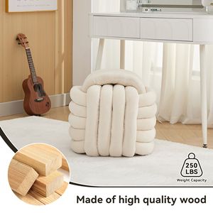 060-sgabello per il trucco ottomano in tessuto di ciniglia Design moderno con nodo comodo elegante sedile Beige per soggiorno camera da letto - Product Image 6