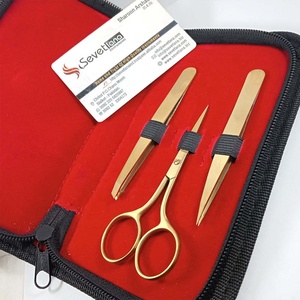 ชุดแหนบถอนคิ้วสแตนเลสสีทองจำนวนสูงปลายแหลมสำหรับขนตาใช้ในกระเป๋าหนังสีดำ - Product Image 3