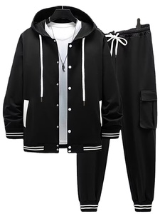 New Men's Casual Sporty Hooded Baseball Jacket Cardigan Long-Sleeve Quick Dry Striped Work Pocket Long Pants Set 100% Cotton - Product Image 3