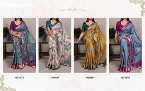 Fournisseur indien de collections de saris et de chemisiers en soie Tussar de qualité export, pour occasions spéciales, avec bordure en viscose et motifs imprimés. - Product Image 3