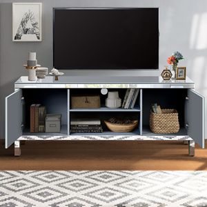 Mobile TV con Ripiani Aperti per TV da 65+ Pollici, Tavolo Console Argento con 2 Armadietti, Design a Specchio Scintillante a Forma di M per TV a Specchio - Product Image 5